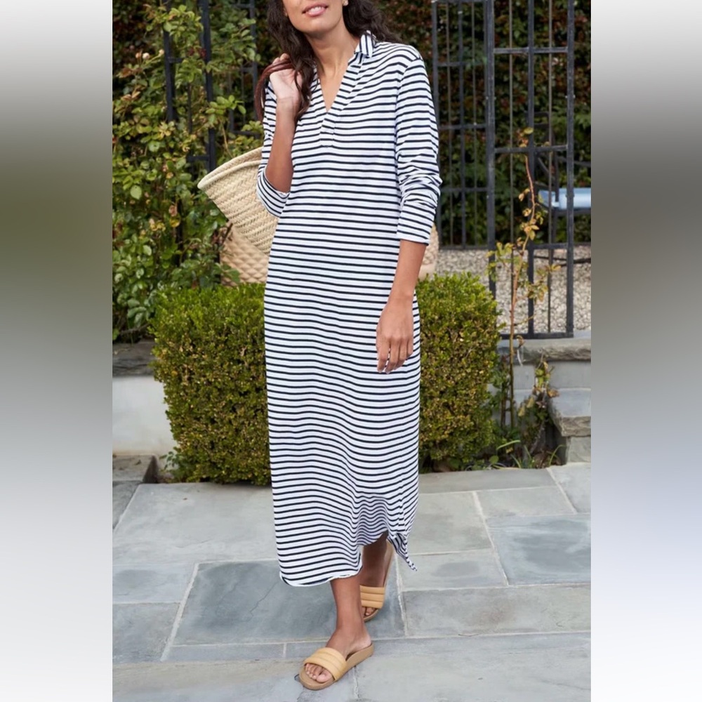 **SOLD** Frank & Eileen Long Sleeve Polo Maxi Dress in White w/Royal Navy Stripe